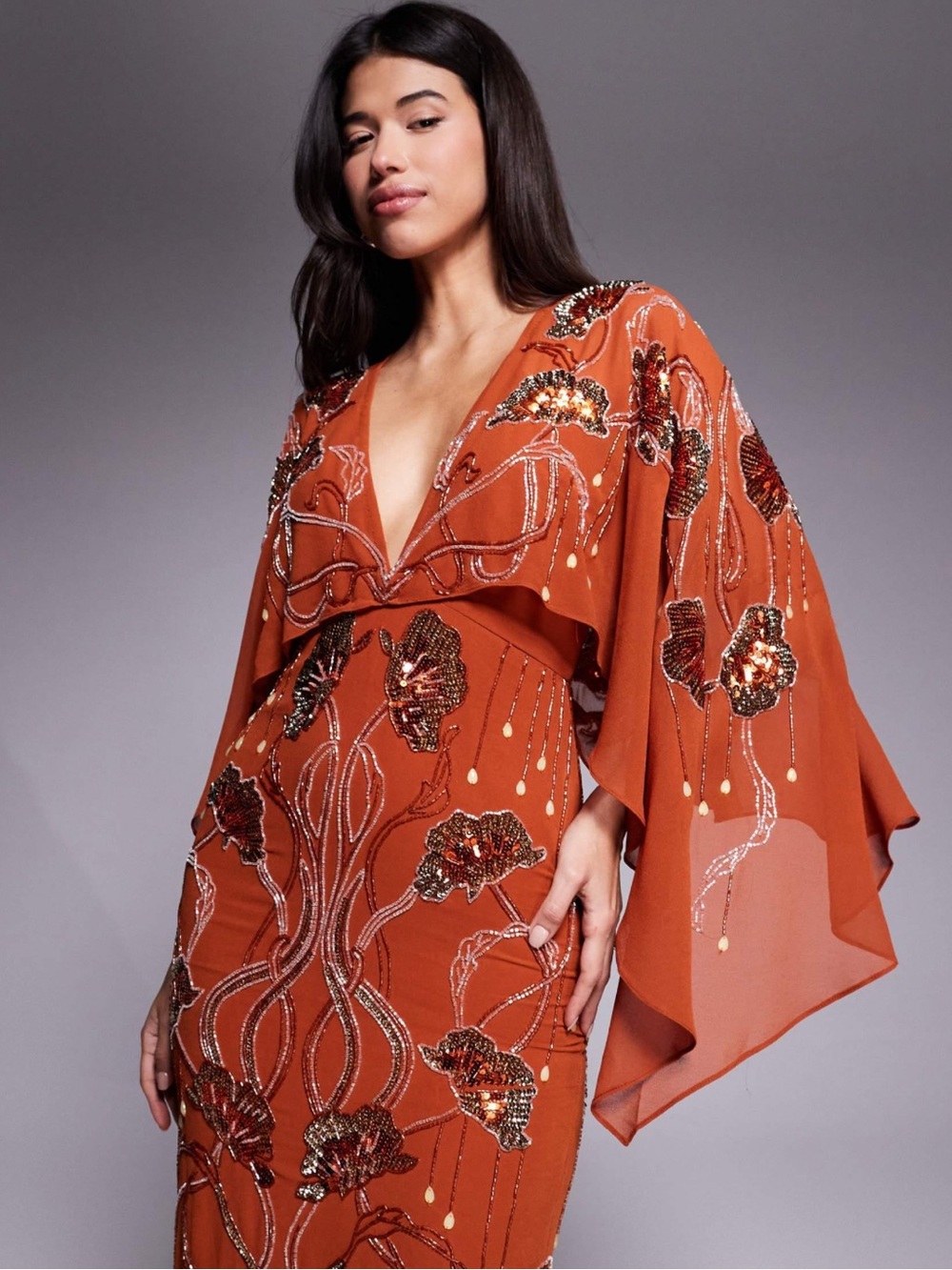 ASOS Women's Red Cape Midi Dress With Floral Embellishment